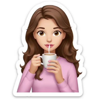 girl with wavy long brown hair, brown eyes, light to medium complexion, long lashes, light pink lipstick, wearing light pink shirt, sipping coffee sticker