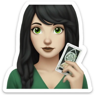 Girl with green eyes, pale skin, black hair and nose ring piercing with taro cards sticker