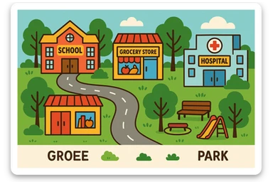 English learning material: vibrant cartoon style illustration of common places in town, labeled, with a road and trees sticker