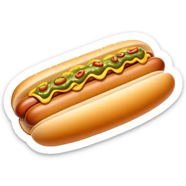 Cinematic Realistic Hot Dog Dish Emoji, featuring a classic hot dog in a bun topped with mustard and relish rendered with crisp textures and vibrant, dynamic lighting. sticker