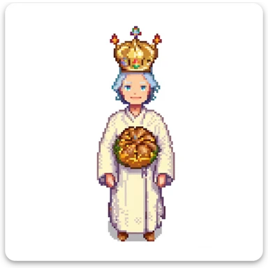 Portrait of the same baker character in every level, realistic skeuomorphism style, consistent lighting and pose, transcendent baker with infinite bread crown, robes woven from light and shadow, divine aura radiating sticker