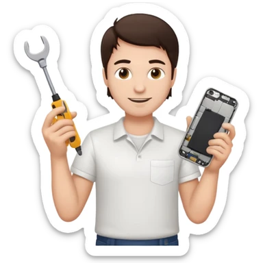 make a white guy with dark brown hair, with a simple white o grey shirt, repairing an iphone happy, tecnician with tools sticker