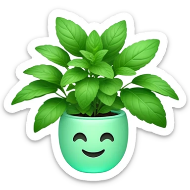 Cinematic Realistic Mint Emoji, Fresh and lively, with deep green leaves covered in tiny veins, emanating a cool, refreshing aroma. The plant’s soft, rounded edges sway gently in the breeze, inviting calm and relaxation. Soft glowing outline, capturing the essence of freshness and cooling fragrance in a fragrant mint plant! sticker
