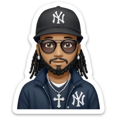 African American man with shoulder length black dreadlocks with black beard wearing black sunglasses wearing a New York Yankees logo baseball cap wearing a black bubble winter coat with a diamond mouth grill with diamond cross necklace on his neck sticker