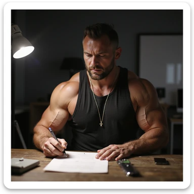 Coach di bodybuilder che scrive un protocollo di sostanze su un foglio, in ambiente da studio o ufficio, con fiale e siringhe sulla scrivania, atmosfera professionale, dettagli iperrealistici 4K. sticker