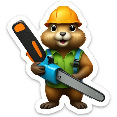 Woodchuck in climbing gear and hard hat holding a chainsaw  sticker