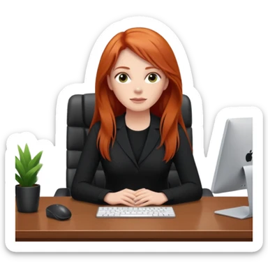 Video call therapy session: red-haired therapist with long hair wearing black minimalist clothing, seated in a professional home office, looking at the webcam; calm, modern teletherapy setting sticker