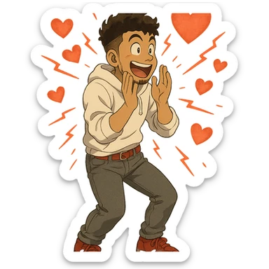 a burst of heart shapes that fits the theme: 1 male, mid fade haircut dark chestnut brown curly hair, toasted lightskin, white hoodie sleeves up, gray fashion jeans, red fashion-sneakers shoes, red belt, short trimmed beard and goatee,  style of deku from "my hero academia",  doing a "i adore that!" exclaimation pose with red electricity, sticker