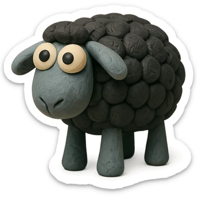 cute sheep with black wool and big eyes, soft pastel colors, hand-molded details, claymation style sticker