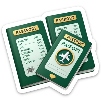 white passport with visible airline tickets and dark green details, no faces, emoji style sticker