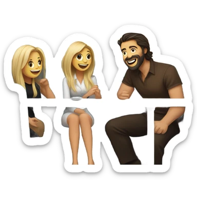 A woman with long dark hair and a woman with long blond hair, a bearded man with long dark hair and a man with short blond hair and sunglasses sitting in a booth on a train laughing . They are all white sticker