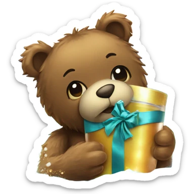 gruff teddy bear holding a gift that sparkles and a shot glass of liquor in the ocean sticker