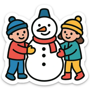kids building a snowman, cheerful and clear sticker