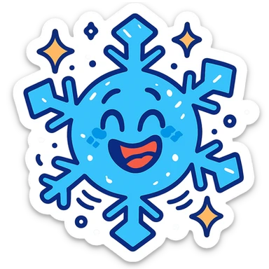 cheerful snowflake character with a big grin, sparkling and shivering from the cold sticker