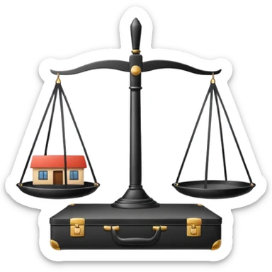 Minimalistic flat vector icon, iOS style, thin black contour on white background. Balanced scale with a house on one side and a briefcase on the other. Clean, no text, no shadows.
 sticker