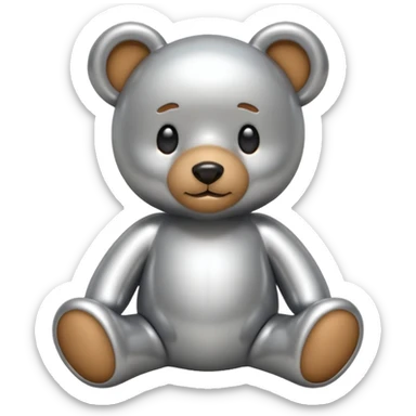 A cute teddy bear emoji made of liquid silver chrome, smooth rounded body, glossy metallic surface, soft reflections, friendly proportions, iOS emoji style, centered, clean white background sticker