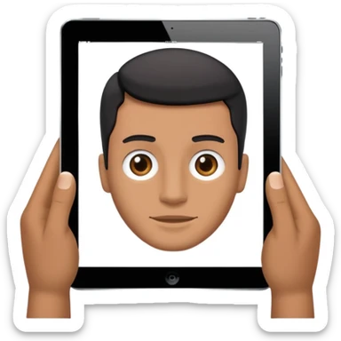 An iPad. On the iPad screen, a video is playing. The video shows a man talking to camera.  sticker