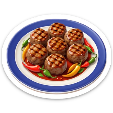 Akçaabat meatballs object icon, grilled Turkish kofte pieces on a plate, smoky char marks, juicy texture, served with grilled peppers and tomatoes, 3D cartoon, mobile game icon style, centered, clean background, no text, no watermark
 sticker