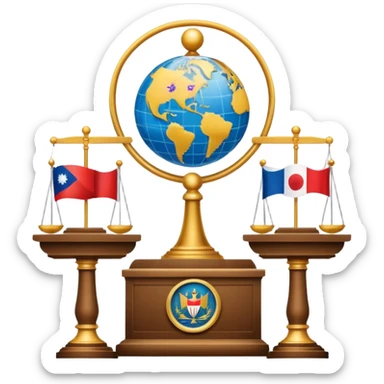 An icon featuring a podium with a speaker, national flags, and voting ballots, symbolizing political science. The design includes a globe and scales of justice in the background, representing governance, global affairs, and political theory. Transparent background emphasizes civic engagement sticker