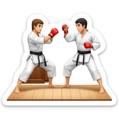 An icon representing traditional Karate, featuring two opponents in a martial arts dojo. One is performing a powerful punch, while the other defends with a block. The background showcases a classic dojo setting with wooden floors and sliding doors. Transparent background sticker