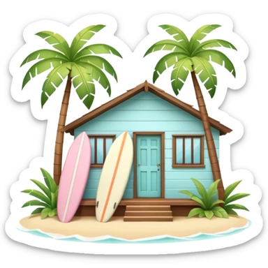 Hawaiian bungalow house, pastel colors, wooden porch, surfboard leaning on wall, palm leaves, tropical vibe, cute mobile game icon style, 3D cartoon, clean background, no text
 sticker