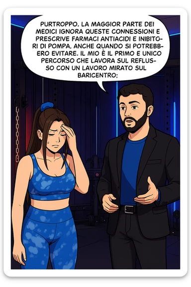 TRASFORMA QUESTO CAROSELLO IN UN FUMETTO STILE WEBTOON/MANGA A COLORI CON QUESTE DUE PERSONE IDENTICHE CHE INTERLOQUISCONO TRA LORO, L'uomo sta spiegando alla donna questo concetto MENTRE LA DONNA SI TIENE la mano sulla fronte sconcertata:

LUI (UOMO): Purtroppo, la maggior parte dei medici ignora queste connessioni e prescrive farmaci antiacidi e inibitori di pompa, anche quando si potrebbero evitare.
Il mio è il primo e unico percorso che lavora sul reflusso con un lavoro mirato sul baricentro; sticker