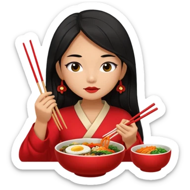 Girl with black long hair with red dress eat bibimbap close eyes chopstick sticker