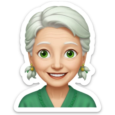 abuela con ojos verdes, pelo blanco, pelo blanco y amarrado, aspecto feliz, pelo blanco, no verde, solo verde los ojos sticker