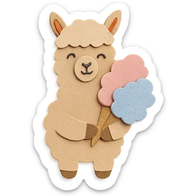 alpaca holding cotton candy bouquet in paper-craft style sticker