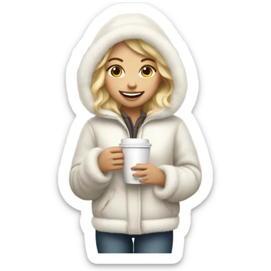 blonde girl wearing white fluffy jacket and a coffee to go in hand sticker