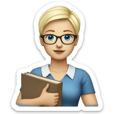 Teacher with books glasses blonde pixie haircut blue eyes casual sticker