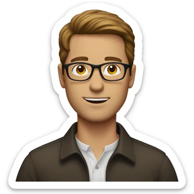White man with brown hair in a middle part with glasses sticker