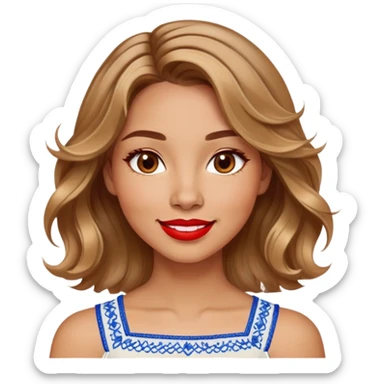 Enthusiastic woman with healthy glowing skin, round cheeks, warm smile, expressive light brown eyes, red lipstick, wavy dark blonde shoulder-length hair with highlights, summery white top with blue embroidery and electric blue neckline sticker