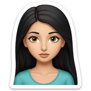 A arabic girl, who has long black styled silk hair, a bit of tan skin but not too tan. almond brown eyes that has black long lashes, small nose and full lips. and a bit of makeup like bronzer. and wearing a white tight top sticker