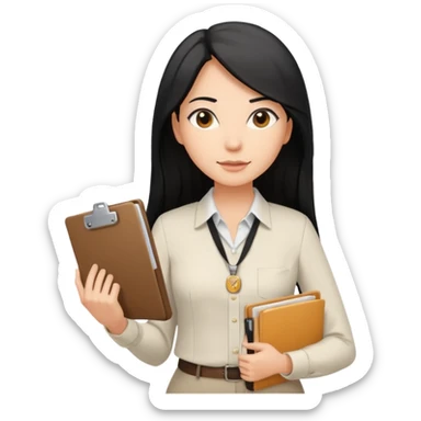 a light tan woman with long black hair past mid-back, round brown eyes, with folders in her hands. she has a id lanyard on and white professional blouse. sticker