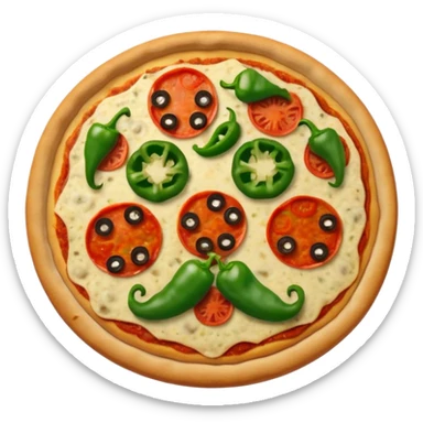 Complete Pizza with two red pepperoni eyes, a mushroom nose, and a mouth, mustache, and eyebrows made out of green peppers sticker