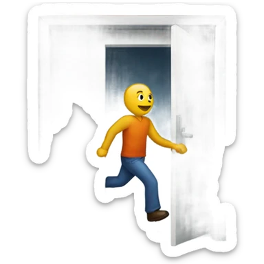 A man exiting through the exit door sticker