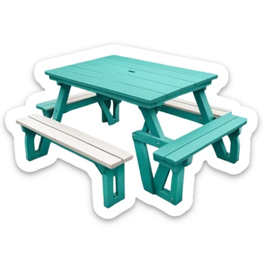 rectangular picnic table with benches, white tips on table and bench ends, straight vertical legs, soft teal color, small wheels, flat wood-style silhouette, clean geometry, minimal shading sticker