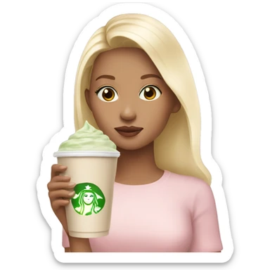 Blonde girl with a pastel pink top drinking iced matcha latte  sticker