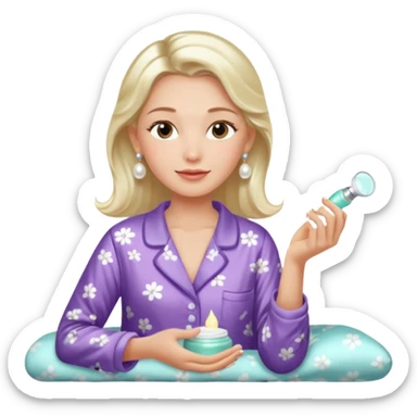 Clean girl aesthetic emoticons, apply skincare products, pearl earrings, glowing skin, pajamas, soft lighting sticker
