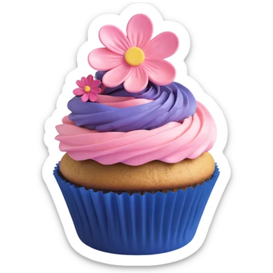 A 3D iOS-style blueberry cupcake with a pink frosting swirl, a single blueberry on top, and a small flower decoration, based on the reference image. The cupcake should have a pink wrapper and a golden-brown base, with a light shadow underneath. sticker