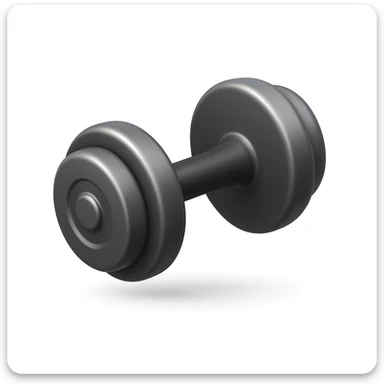 Create a dumbbell emoji that looks exactly like the reference image in iOS emoji style. The emoji should have a 3D appearance with shiny, smooth gradients, soft shadows, a realistic shape, and a metallic texture. Add a soft shadow under the dumbbell. sticker