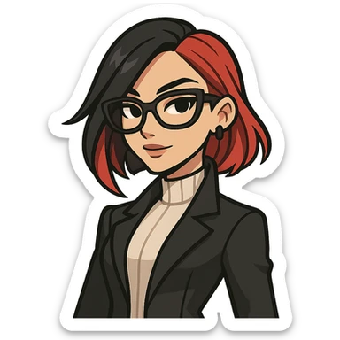 stylish girl with black and red hair, wearing glasses, reminiscent of Fortnite's Undercover Kor, in Jiiby-Style sticker
