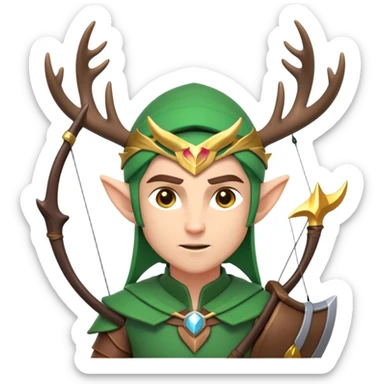 clash-of-clans-aesthetic-focused-elf-archer-portrait-emoji, rendered in a flat, vector-style similar to standard emojis with minimal shading and bold, simplified shapes, head tilted slightly forward with a determined, focused expression, riding a majestic stag with antlers glowing faintly with mystical energy. sticker