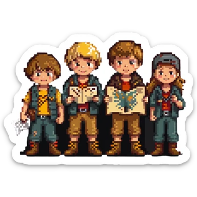 group of kids from the Goonies movie with treasure map sticker