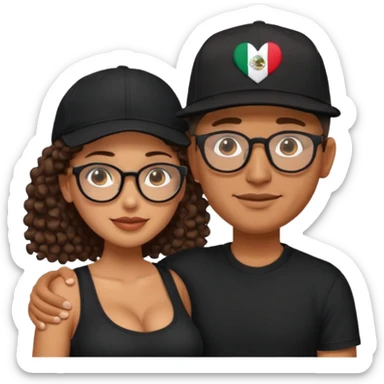 A picture of an embracing tanned couple. the man is a Mexican man with tanned skin, with a bald hair cut wearing a SnapBack hat and a black shirt. the woman is mixed, with long curly dark brown hair and with big boobs and eyeglasses  sticker