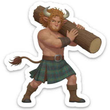 buff curly hairy man with freckles with messy light brown bangs that covers his face completely with bull horns and bull ears and bull tail dressed in kilt lifting large log with wind in his hair with belt around his chest sticker