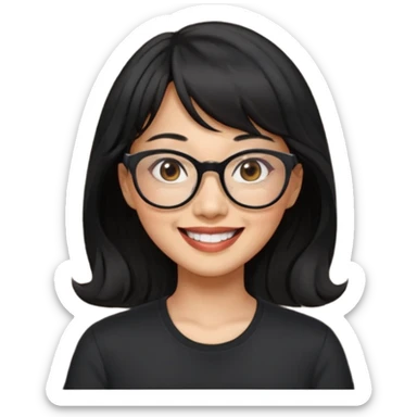 40 yr old asian woman wavy black hair bangs big glasses big smile tanned skin brown eyes sticker