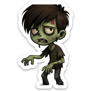 boy zombie with medium, big, slightly emo dark brown hair sticker