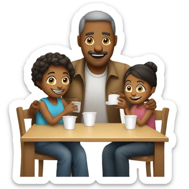 An emoji of a family—mother, father, and child—sitting at a table, playing a cup game with paper cups arranged on the table as they have fun together sticker